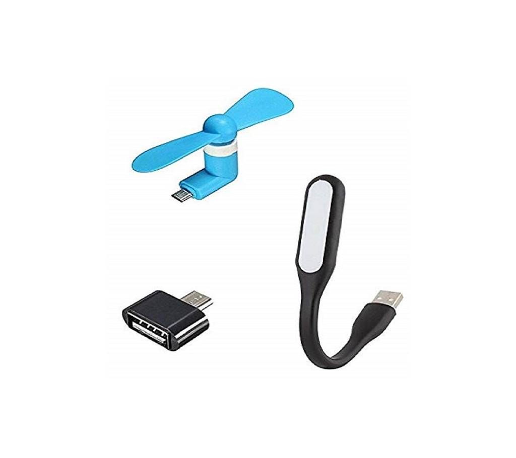 Combo of OTG Micro USB Adapter ,Mini Android Compatible Fan And USB Light