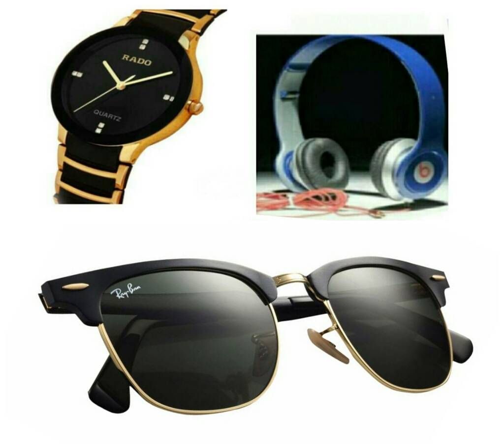 RADO Gents Wristwatch (Copy) + Beats Solo HD Wired Headphones (Copy) + Ray Ban Sunglasses for Men (Copy) Combo Offer