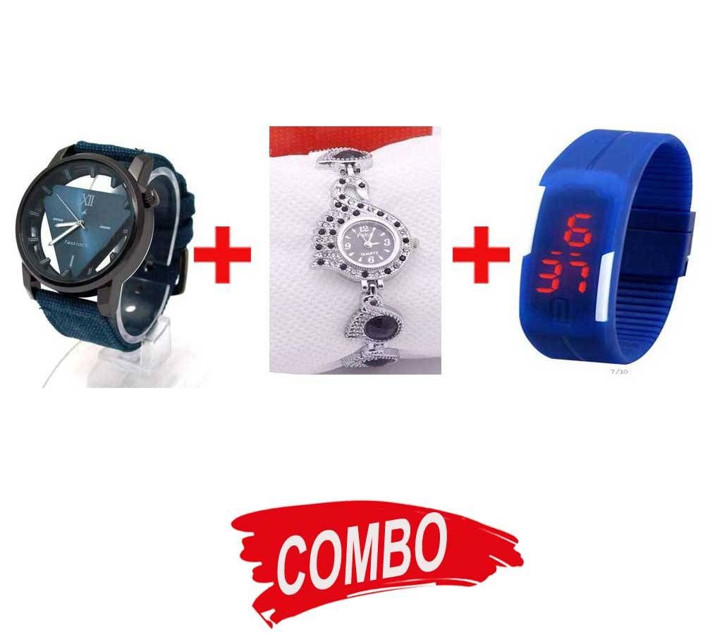 Feha Peacock Pride Ladies watch + Fastrack gents watch (replica) + LED Sports watch - Combo Offer