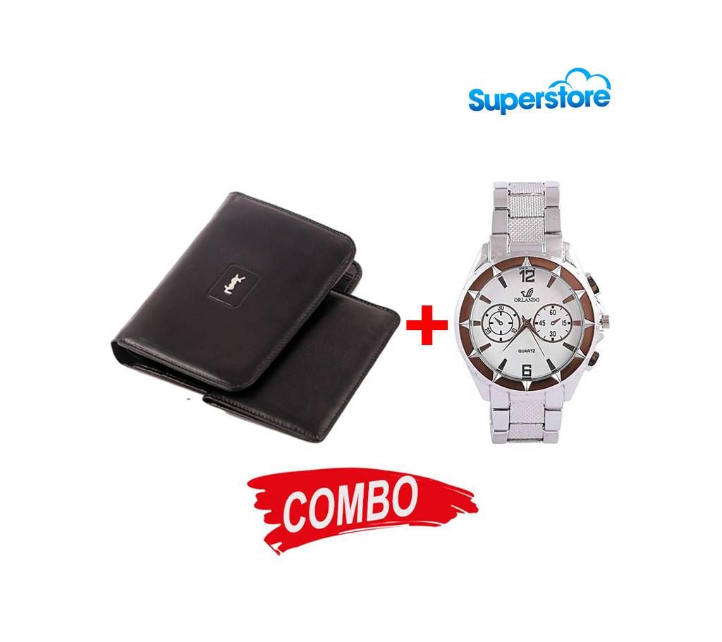 YSL Leather Wallet for Men + With Card Holder + ORLANDO Stainless Steel Mens Silver Analog Watch