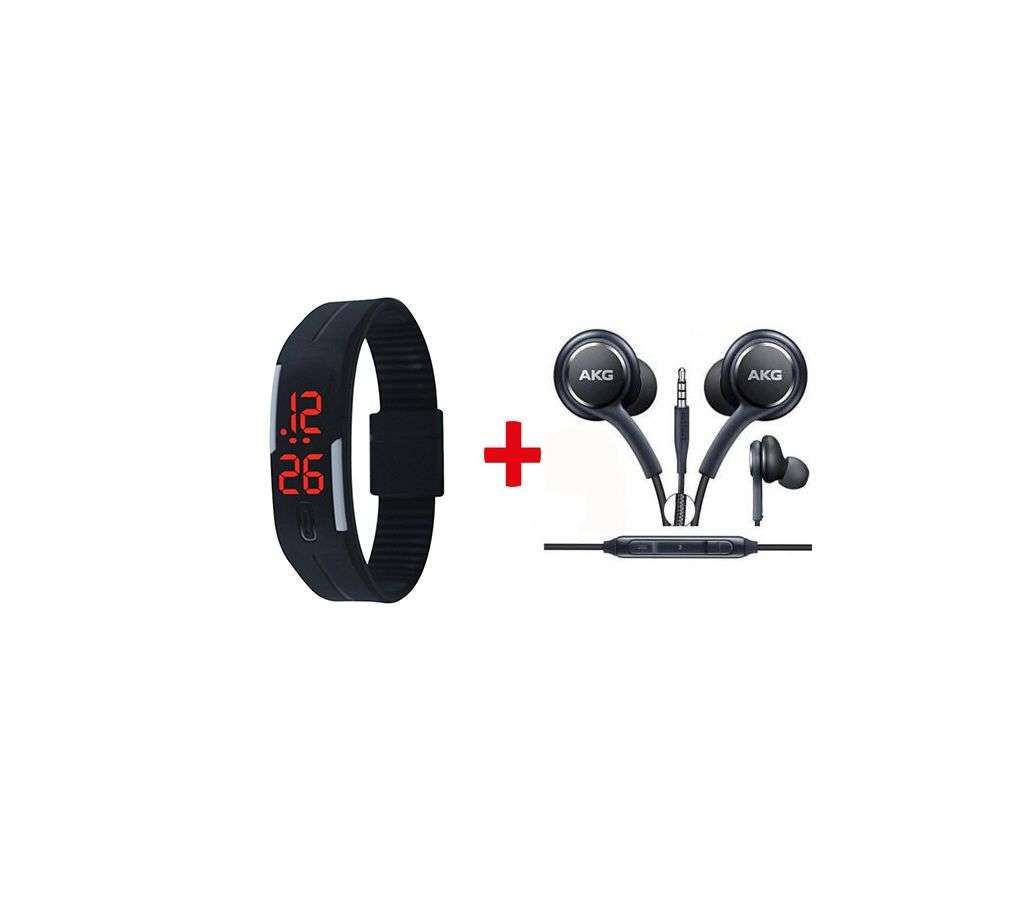 Silicon Sports Watch BLACK+AKG In Ear Earphone Black Combo