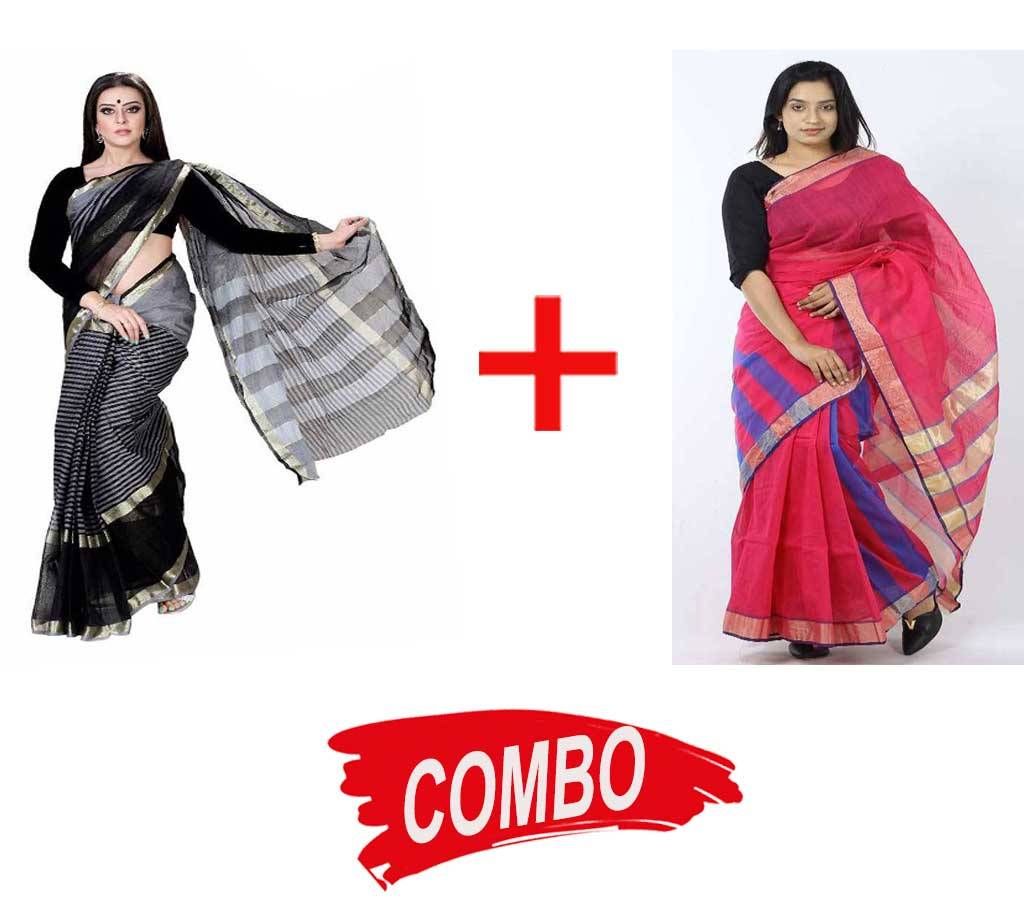 Black Cotton Saree + Half Silk Saree Combo Offer