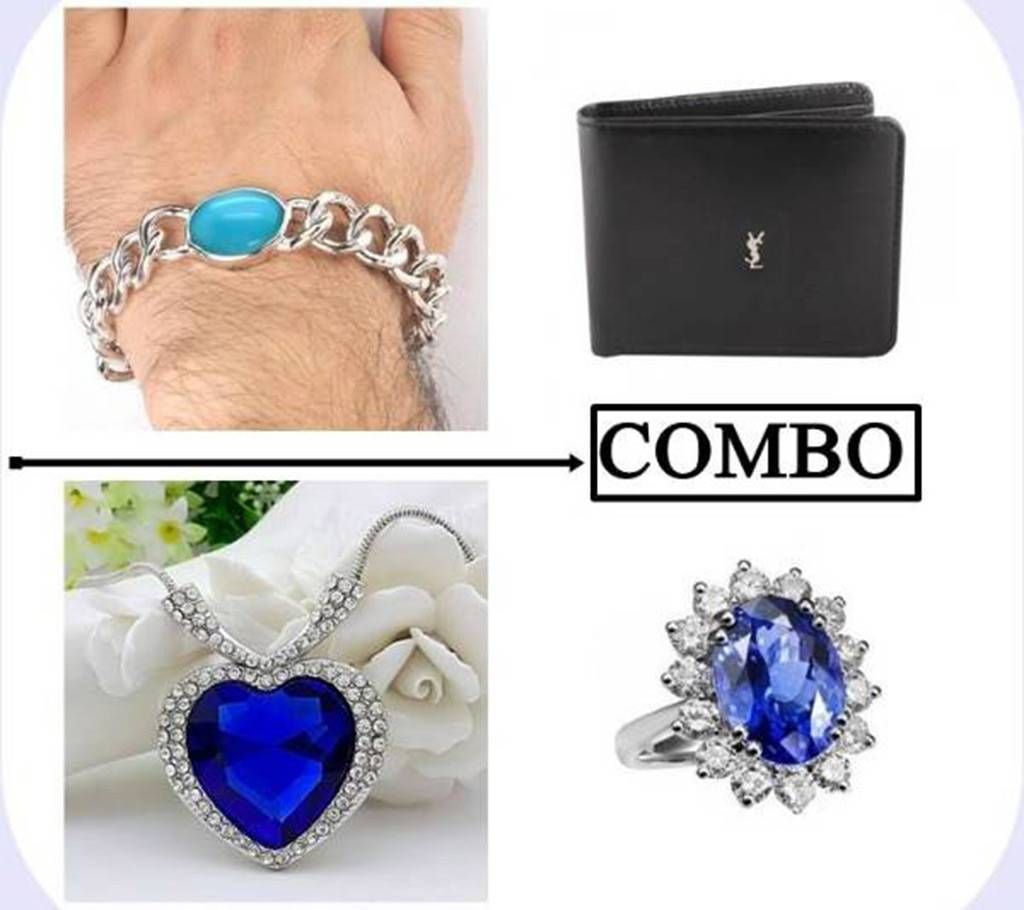 4 Pack of Combo Blue Stone Bracelet + YSL Lather Wallet + Pendent + Finger Ring