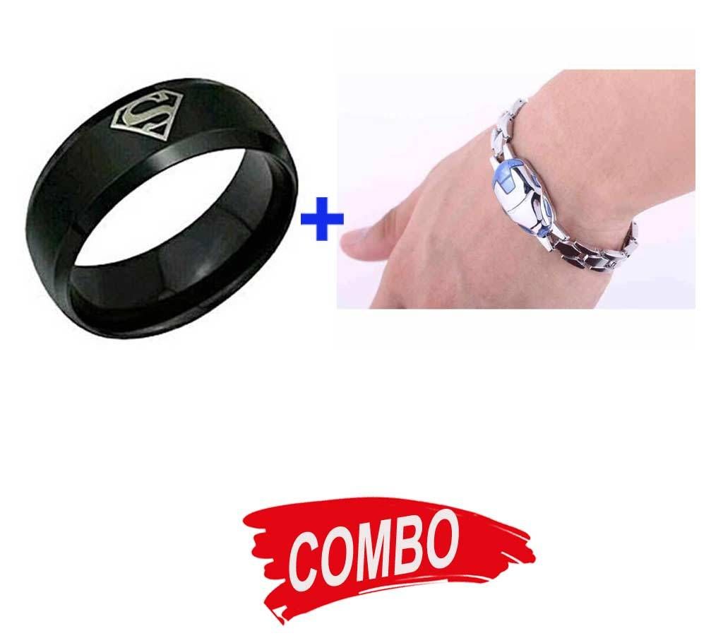 Iron Man Shaped Silver Bracelet for Men + Black Finger Ring for Men Combo Offer 