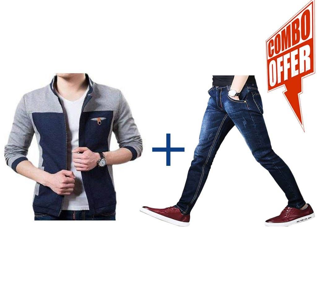 gents regular fit cotton jacket+Gent's Semi Narrow Fit Jeans Pant Combo Offer 