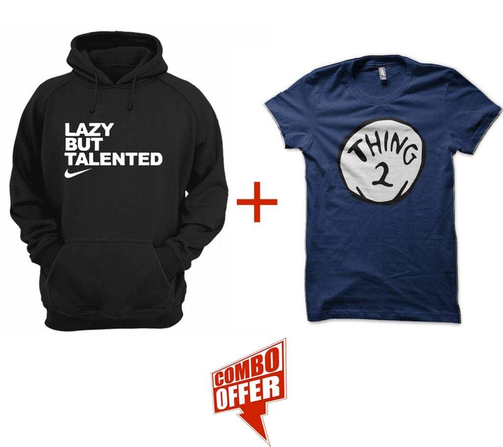 Lazy-Black-Mens-Hoodie+Gents Summer T-Shirt - Thing 2 Combo Offer 