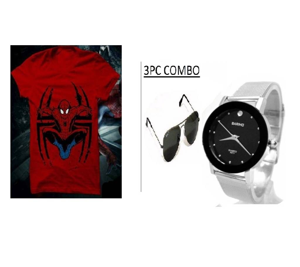 Spiderman Menage Round Neck T-Shirt + Ray Ban (Replica) Sunglasses + BARIHO Menu Reverse Watch Combo