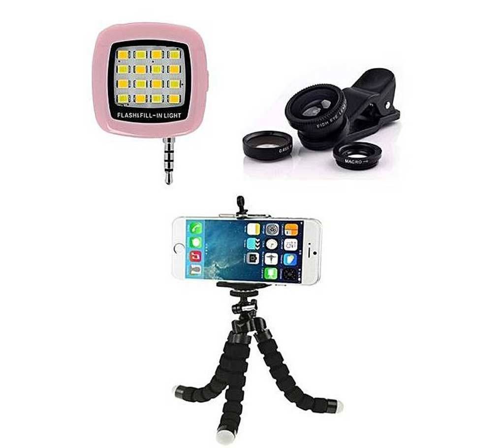 Pack of 3 - Tripod Stand, Mobile Lens and Selfie Stick Combo