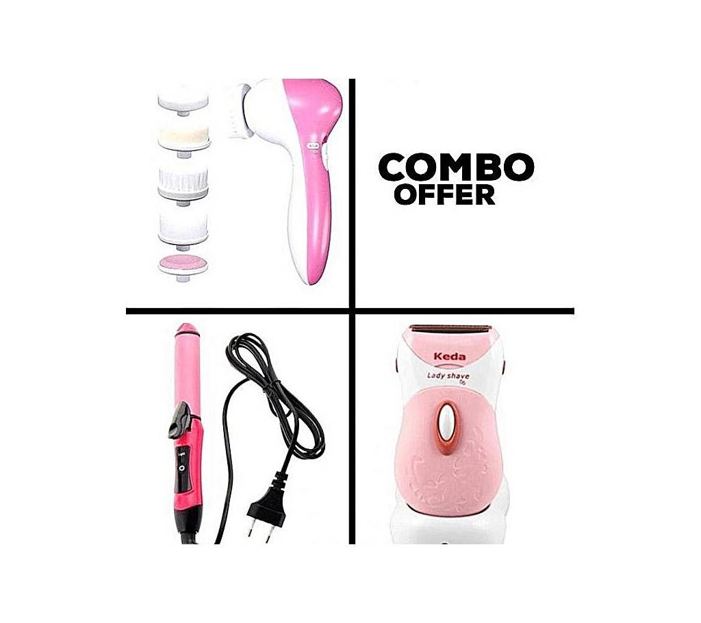 Combo Set 5 in 1 Beauty Massager, Kemei 2 in 1 Hair Straightener and Keda Lady Shaver