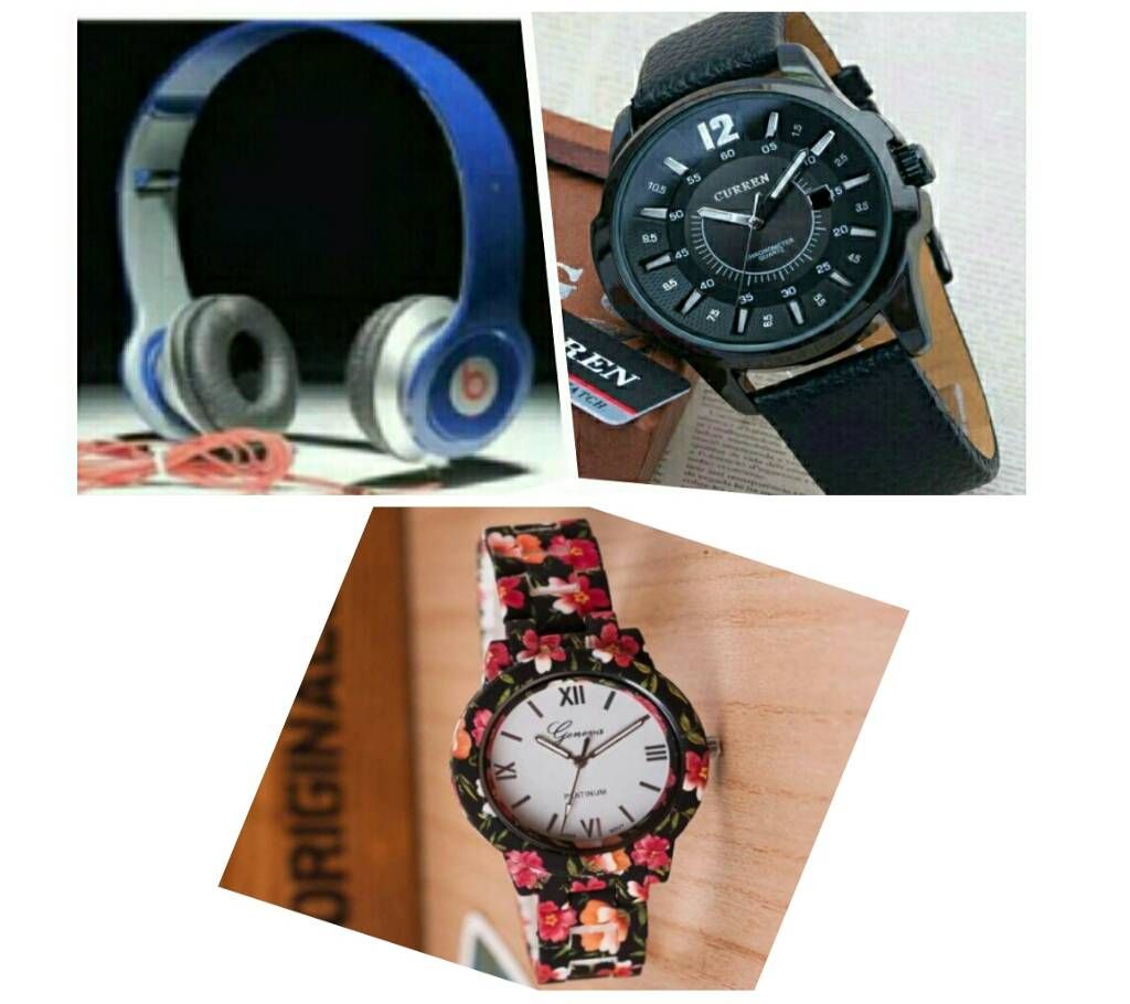 CURREN Gents Watch (Copy) + Beats Solo HD Wired Headphones (Copy) + Floral Printed Ladies Wristwatch Combo Offer