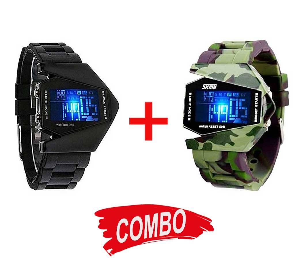 Black + Army Striped Silicone LED Watch for Men Combo Offer