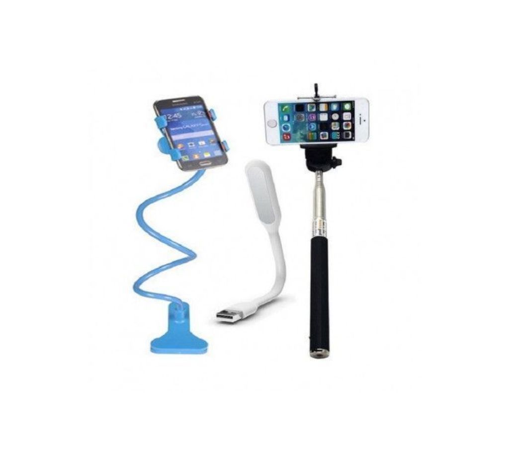 Long Mobile Stand + Selfie Stick + LED Light Multicolor- GNG1