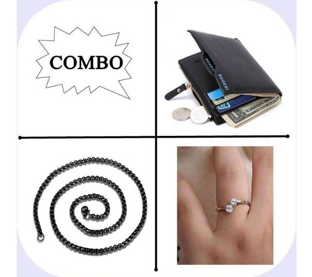 3 Pack of Combo Leather Wallet + Stainless Steel Chain+finger ring