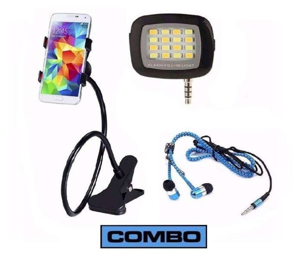 16 LED Selfie Lights + 360 degree Rotating Mobile Stand + In-ear Earphone Combo Offer