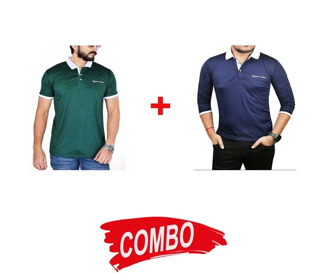 Green Micro Cotton Short Sleeve Polo shirt For Men + Gents Full Sleeve Micro Cotton Navy Blue Polo-Shirt For Men Combo Offer 