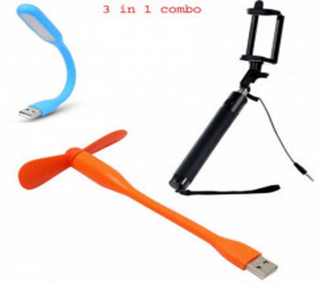 USB LED Light+ Selfie Stick+ Portable Mini USB Fan Combo