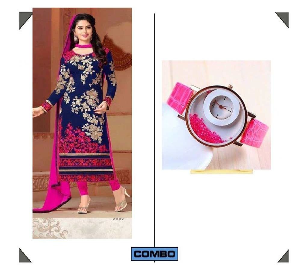 Unstitched Cotton Three Piece + Ladies Watch Combo