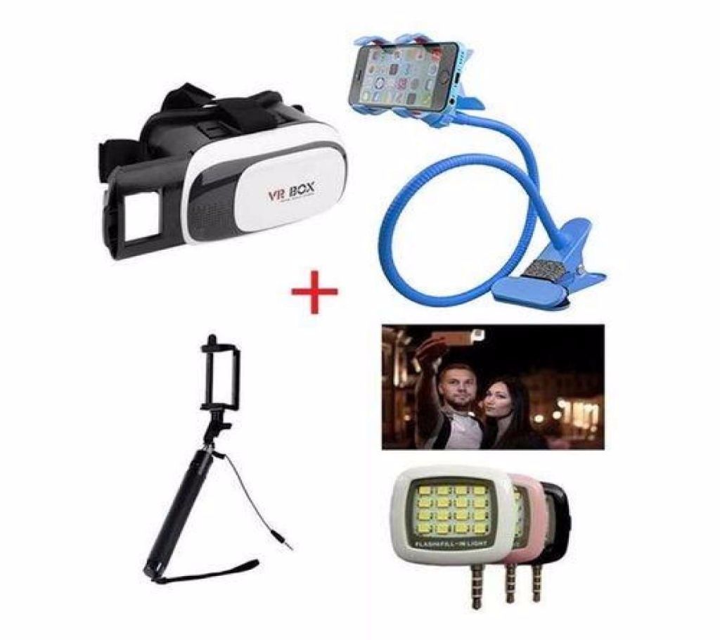 VR BOX Headset + Long Stand + Selfie Stick + LED Flash Light-GNG