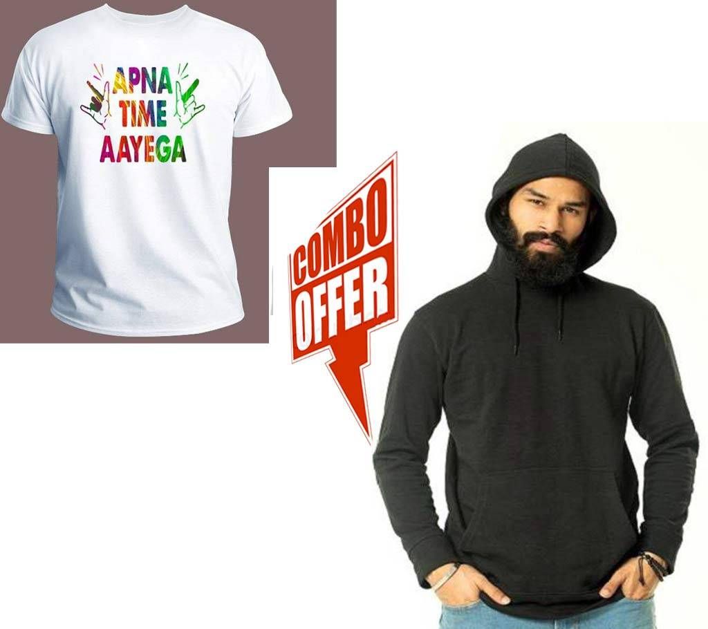 Menz Cotton hoodie-Black+Apna Time Ayaga Menz Half Sleeve T-Shirt combo offer 
