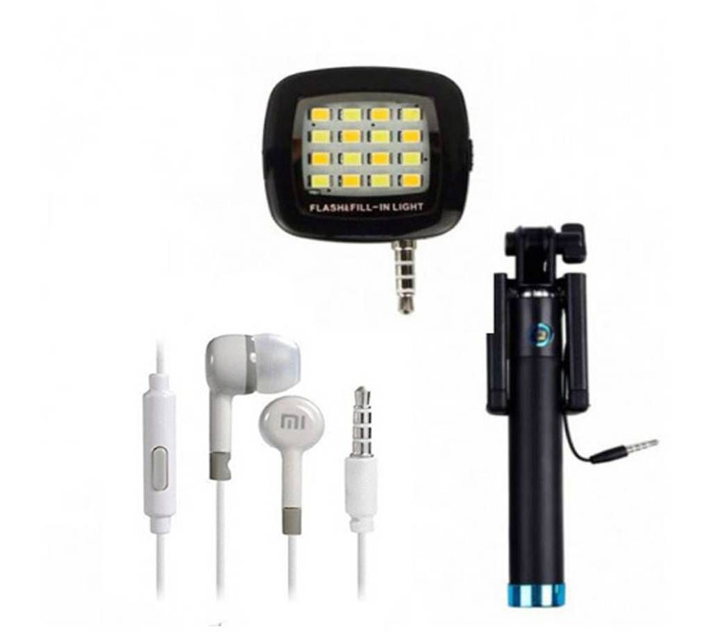 Combo of Selfie flash light+ Selfie Stick + MI earphone (replica)