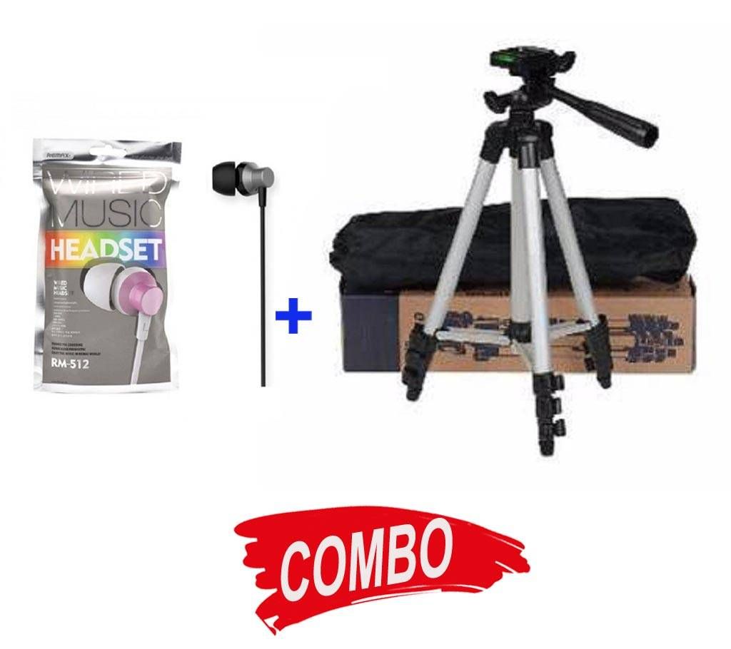 Remax RM 512 Earphone + Tripod 3110 Camera Stand Combo Offer