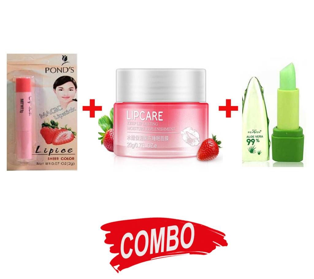 LIP ICE PONDS MAGIC LIPSTICK 2g India + Pnf peiyen aloe vera 99 Lipgloss+ BIOAQUA Strawberry Lip Sleeping Mask Exfoliator 20g - Combo Offer