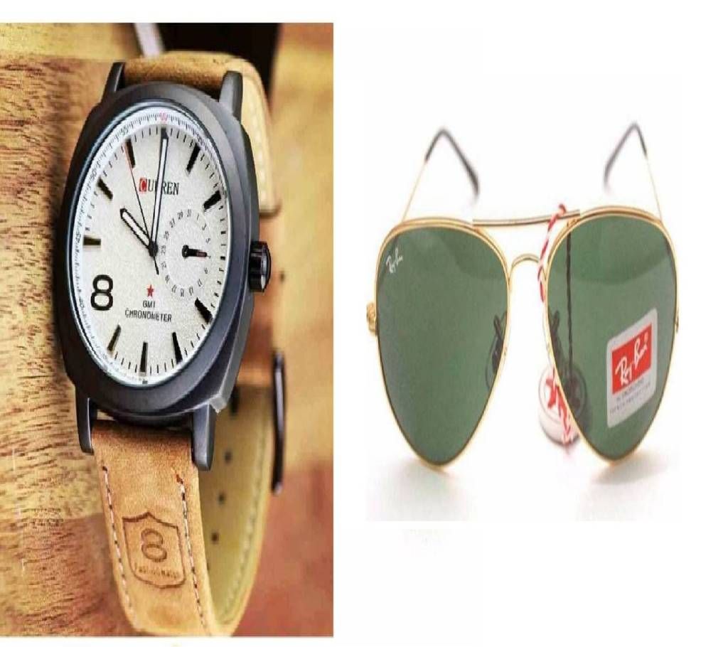 Curren Gents Watch + Ray Ban Sunglasses for Men Combo Offer