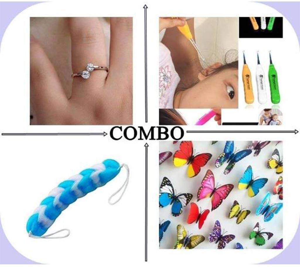 4 Pack of combo Finger Ring + Ear Cleaner + Bath Brush+Sticker