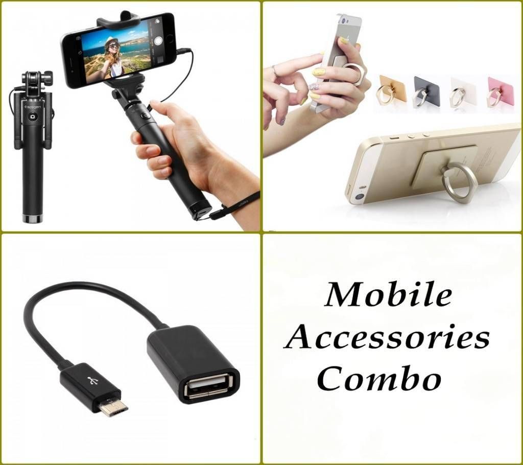 Mini Selfie, OTG Converter & Mobile Ring Stand Combo 
