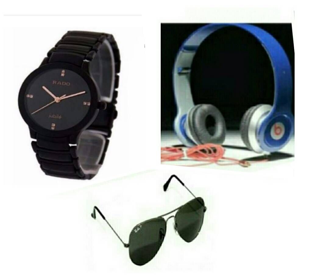 RADO Gents Wristwatch (Copy) + Beats Solo HD Wired Headphones (Copy) + Ray Ban Sunglasses (Copy) Combo Offer