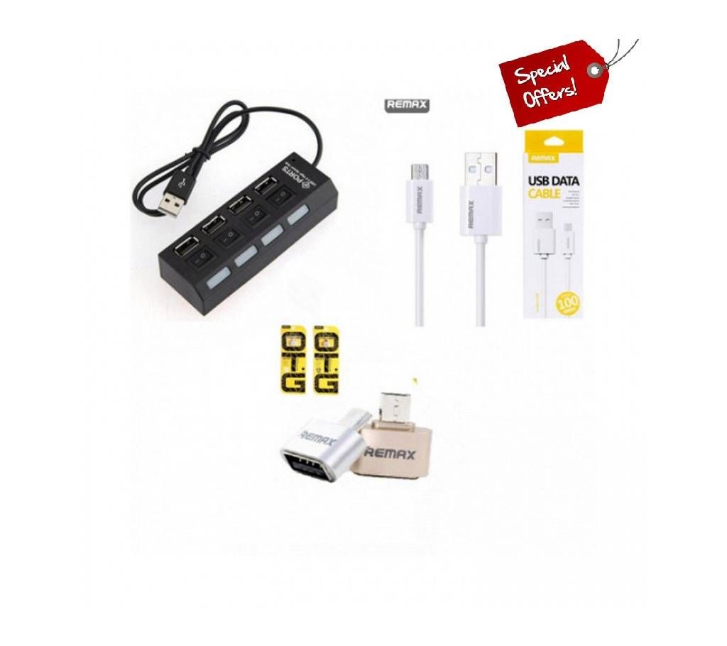Combo offer - USB Hub 4 Port+Fast Charger Cable+REMAX OTG Cable