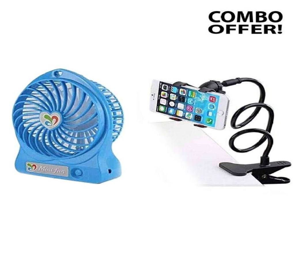 Rechargeable Mini Fan and Mobile Stand Combo Set - Blue and Black