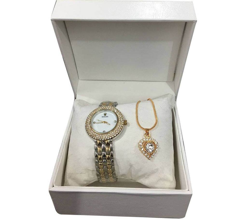 Rhinestone setting ladies wrist watch+Pendant combo