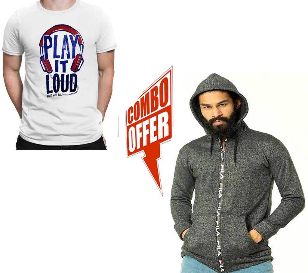 Menz Cotton Hoodie-Dark Ash+Menz Half Sleeve T-Shirt comb offer 