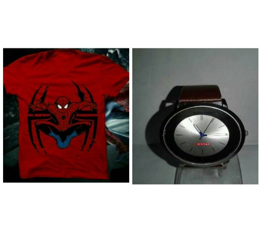 Spiderman Menz T-shirts and TITAN copy Gents watch combo