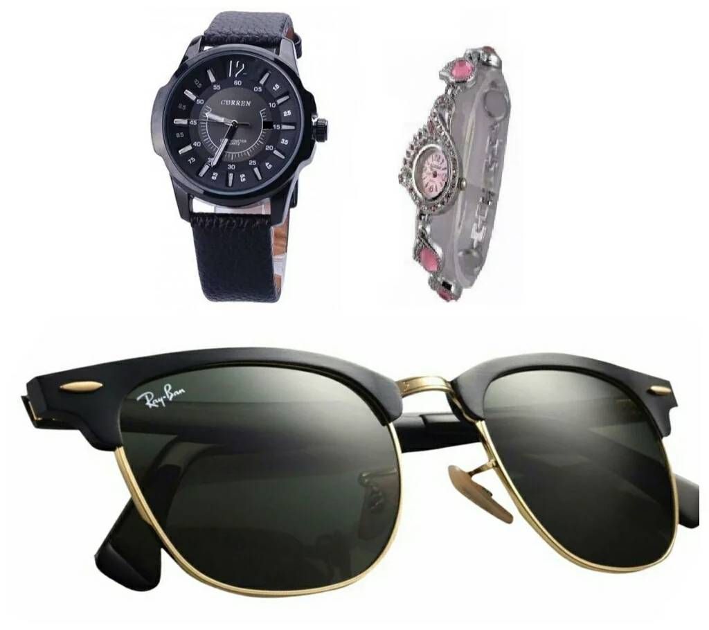 Curren Menz Wrist Watch (Copy) + Peacock Watch for Women + Ray Ban Sunglasses for Men (Copy) Combo Offer