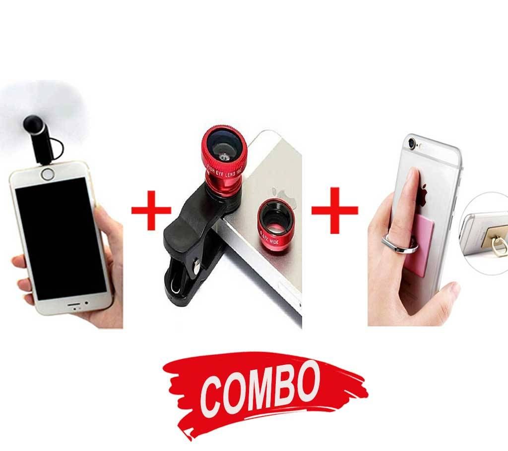 Max 3-in-1 Universal Clip on Smartphone Camera Lens + Universal Mobile Ring Stand + OTG Mini Fan Combo Offer