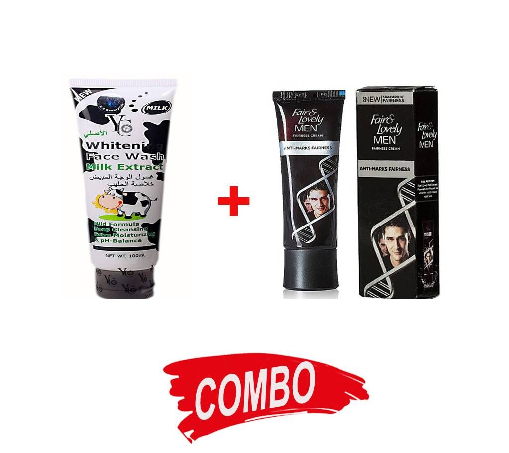 Fair And Lovely Men Anti-Marks Fairness Cream 50g India + YC Whitening Facewash Milk Extract 100ml Thailand - Combo Offer