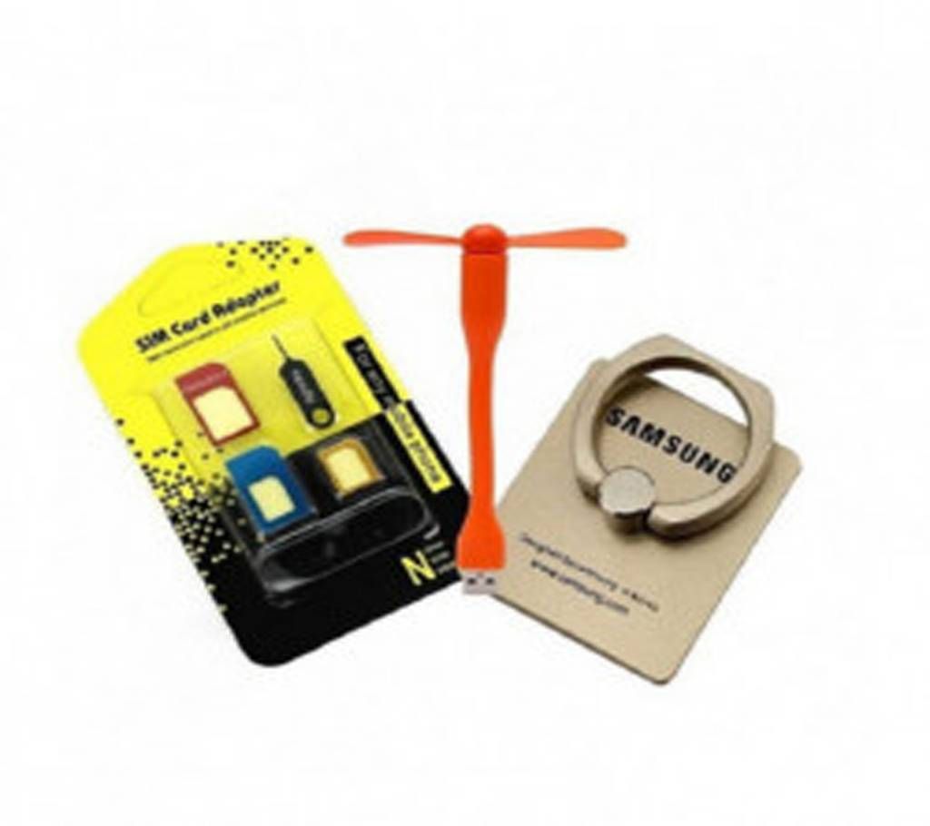 USB Fan + Mobile Ring Stand + SIM Adapter Combo