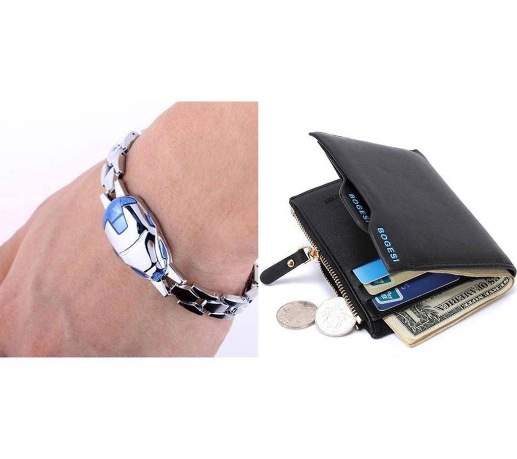 Combo of Bogesi Leather Black Men's Wallet & Iron man Bracelet  