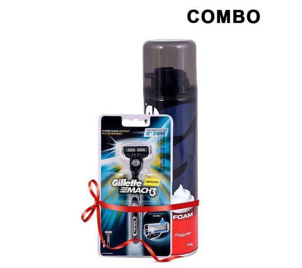 Gillette Mach 3 Turbo Razor and Shaving Foam - 196g Combo Offer