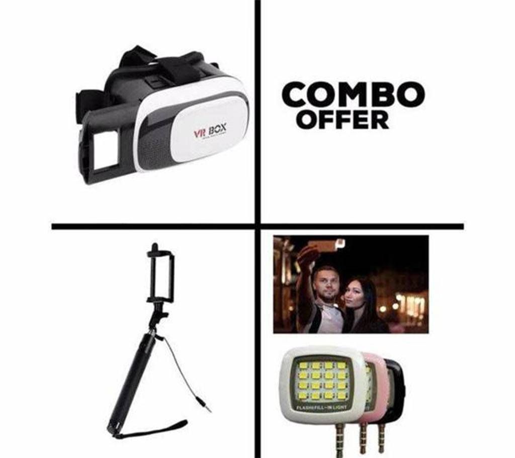 VR Box 3D + Mini Selfie Stick + Selfie Light Combo