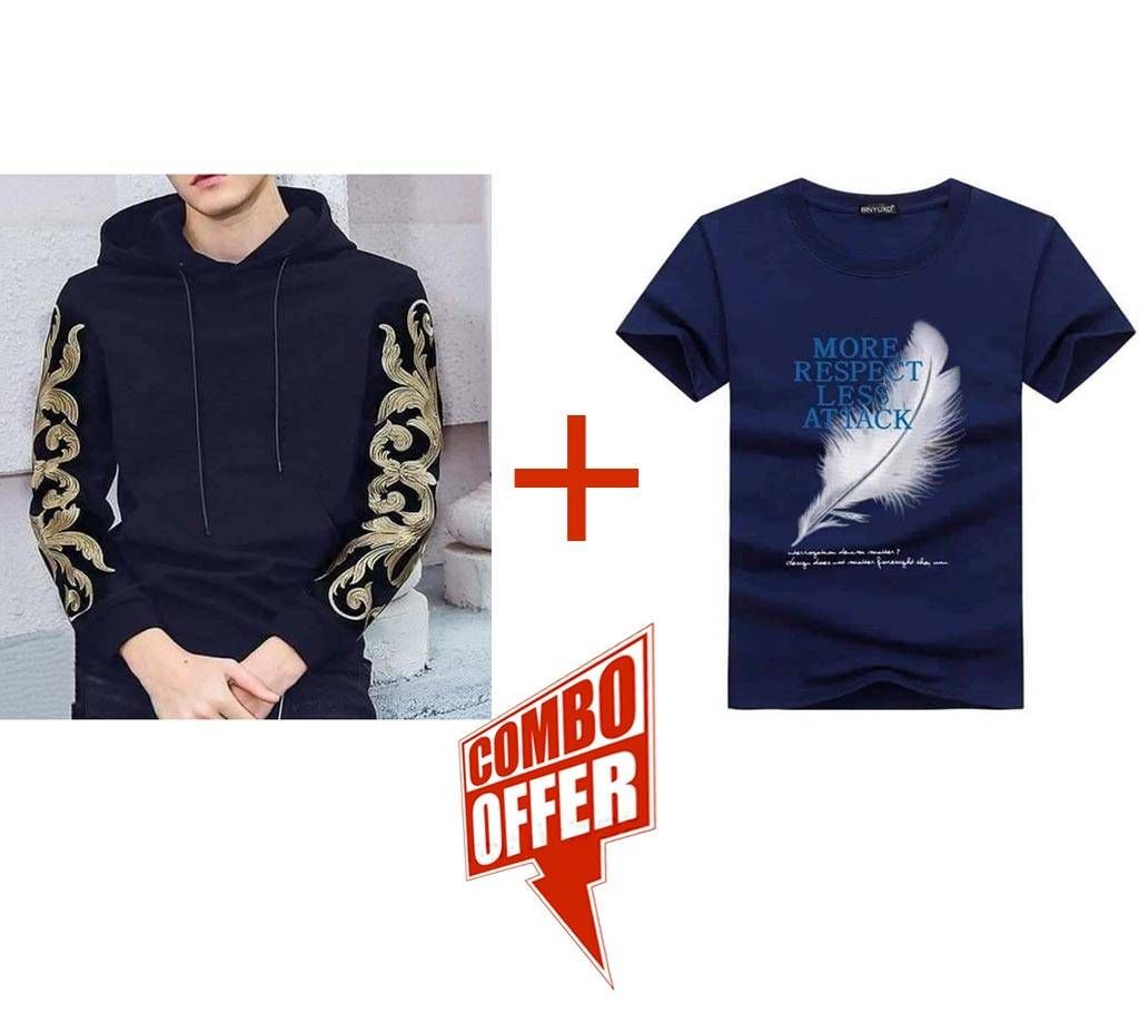 Gents Full Sleeve Hoodie  +  Half Sleeve Cotton T Shirt For Men  Comb Offer 