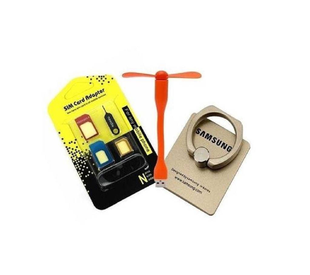 Combo of USB Fan, Mobile Ring Stand and SIM Adapter