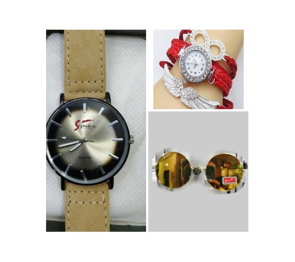 Gents Wrist Watch + Ladies Bracelet Watch + Gents Metal Frame Sunglasses Combo Offer