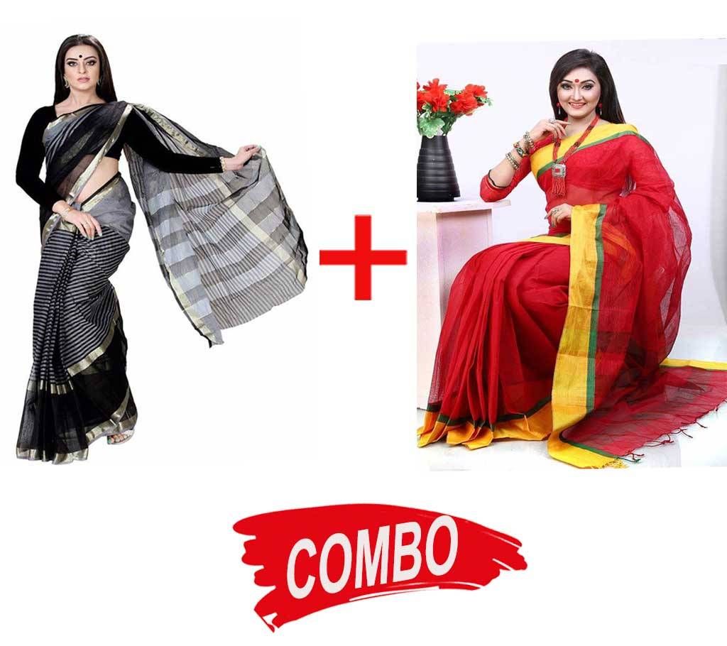 cotton red sharee + cotton white zori sharee Combo Offer