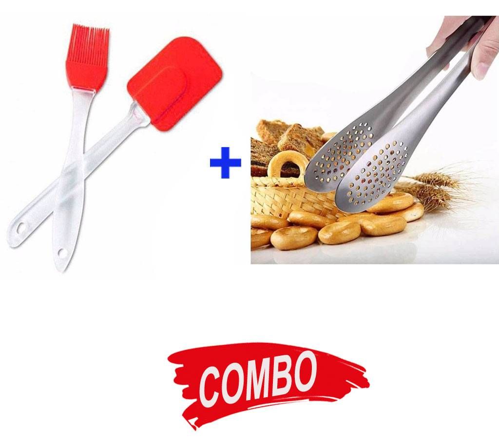 Stainless steel food clip + Silicon brush and spatula Combo Offer 
