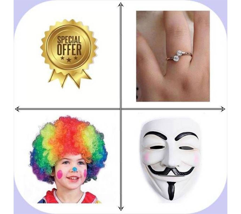 3 Packe of combo Rose Gold Plated Finger Ring+ Wig+Mask