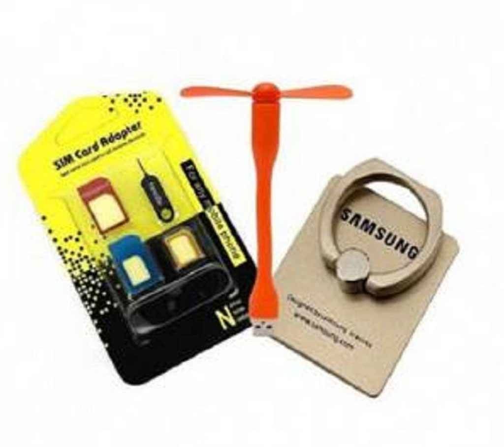 USB Fan + Mobile Ring Stand + SIM Adapter Combo of