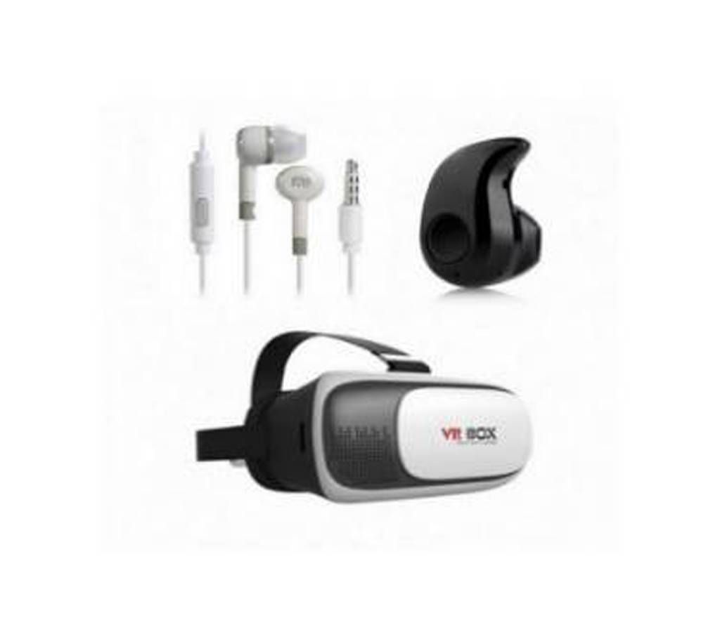 VR BOX, BLUETOOTH HEADSET & WIRED EAR PHONE-COMBO